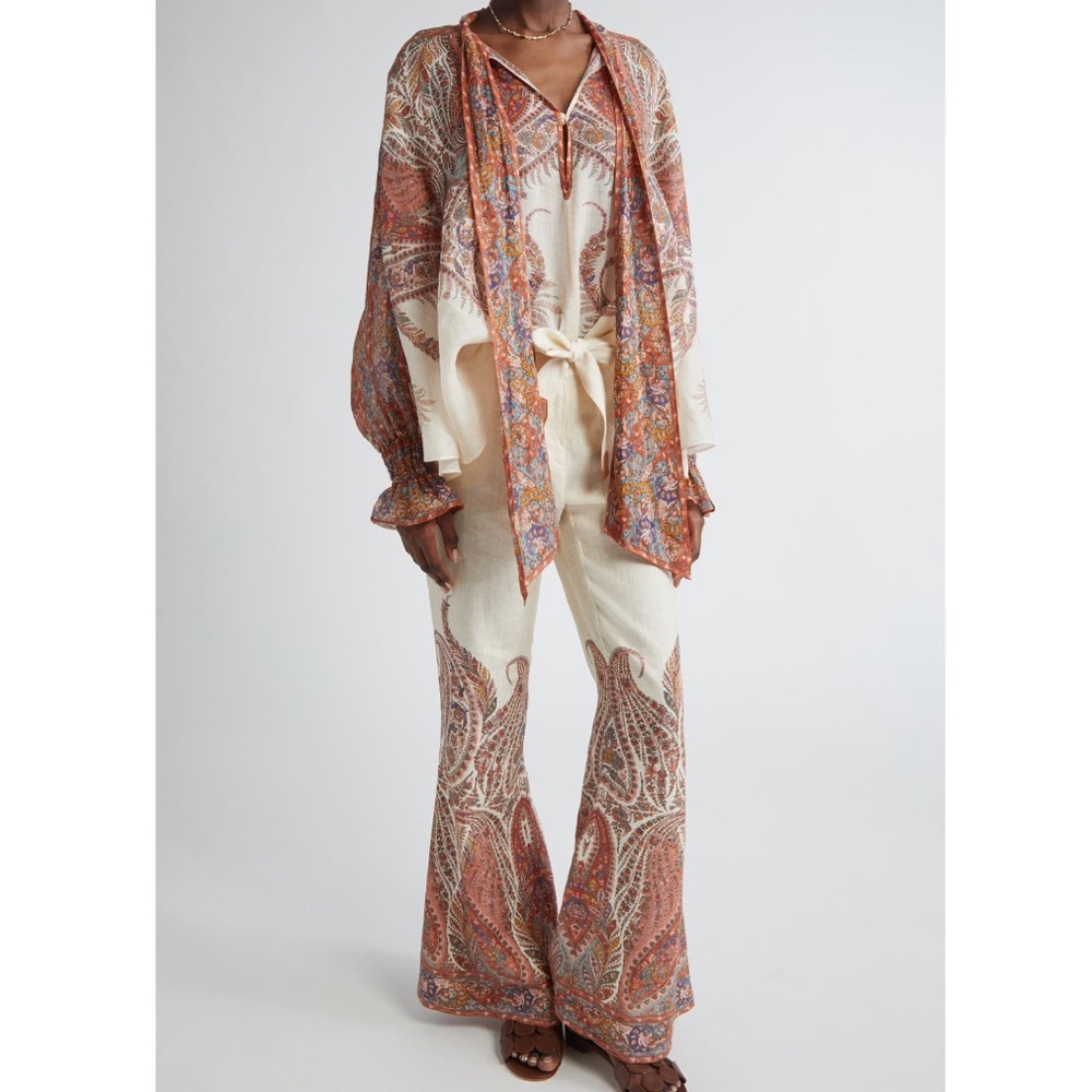 Zimmermann Rhiannon Paisley Print Belted Linen Flare Pants